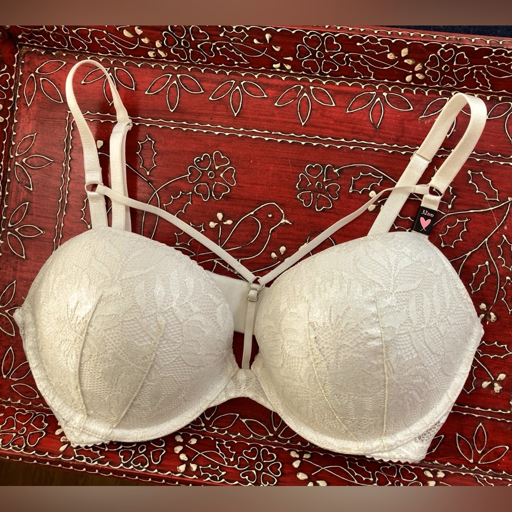 NWOT Victoria’s Secret Push Up Bra All Over Lace White Shimmer Bra 32 E (DD)